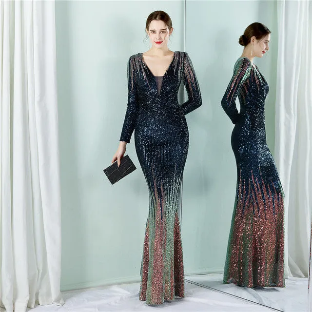 2022 Formal Party Dress Elegant Full Sleeves Sequin Evening Dress Long Mermaid Dress