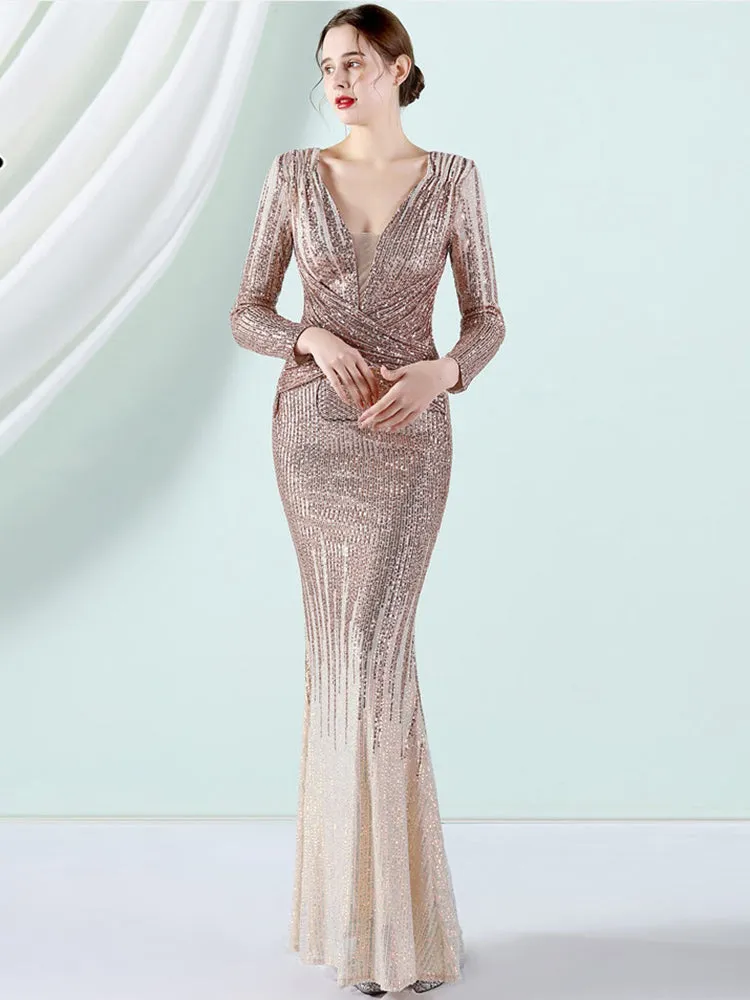 2022 Formal Party Dress Elegant Full Sleeves Sequin Evening Dress Long Mermaid Dress