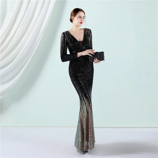 2022 Formal Party Dress Elegant Full Sleeves Sequin Evening Dress Long Mermaid Dress