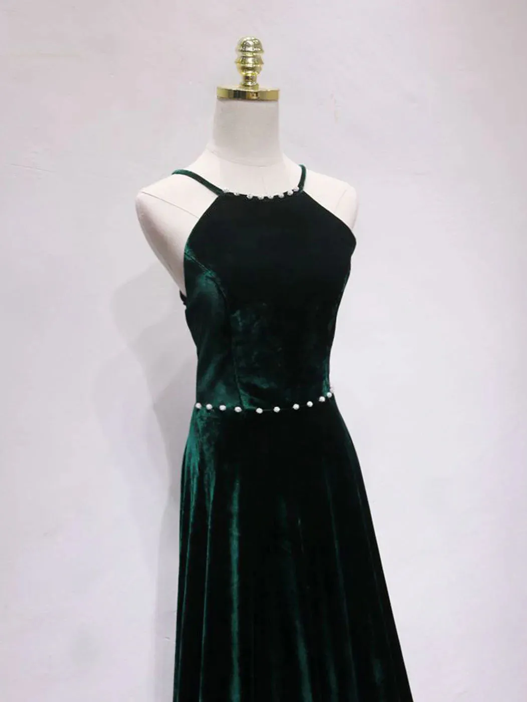 A-Line Backless Green Velvet Long Prom Dresses Green Formal Evening Dresses