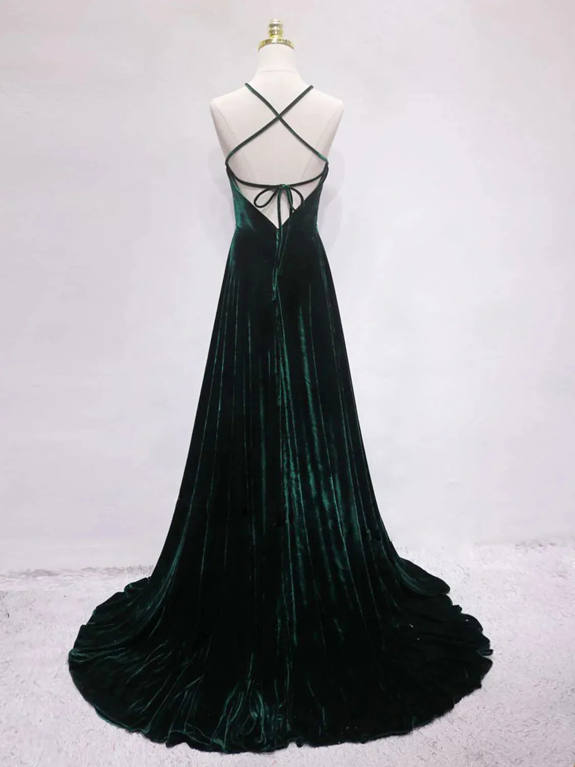 A-Line Backless Green Velvet Long Prom Dresses Green Formal Evening Dresses