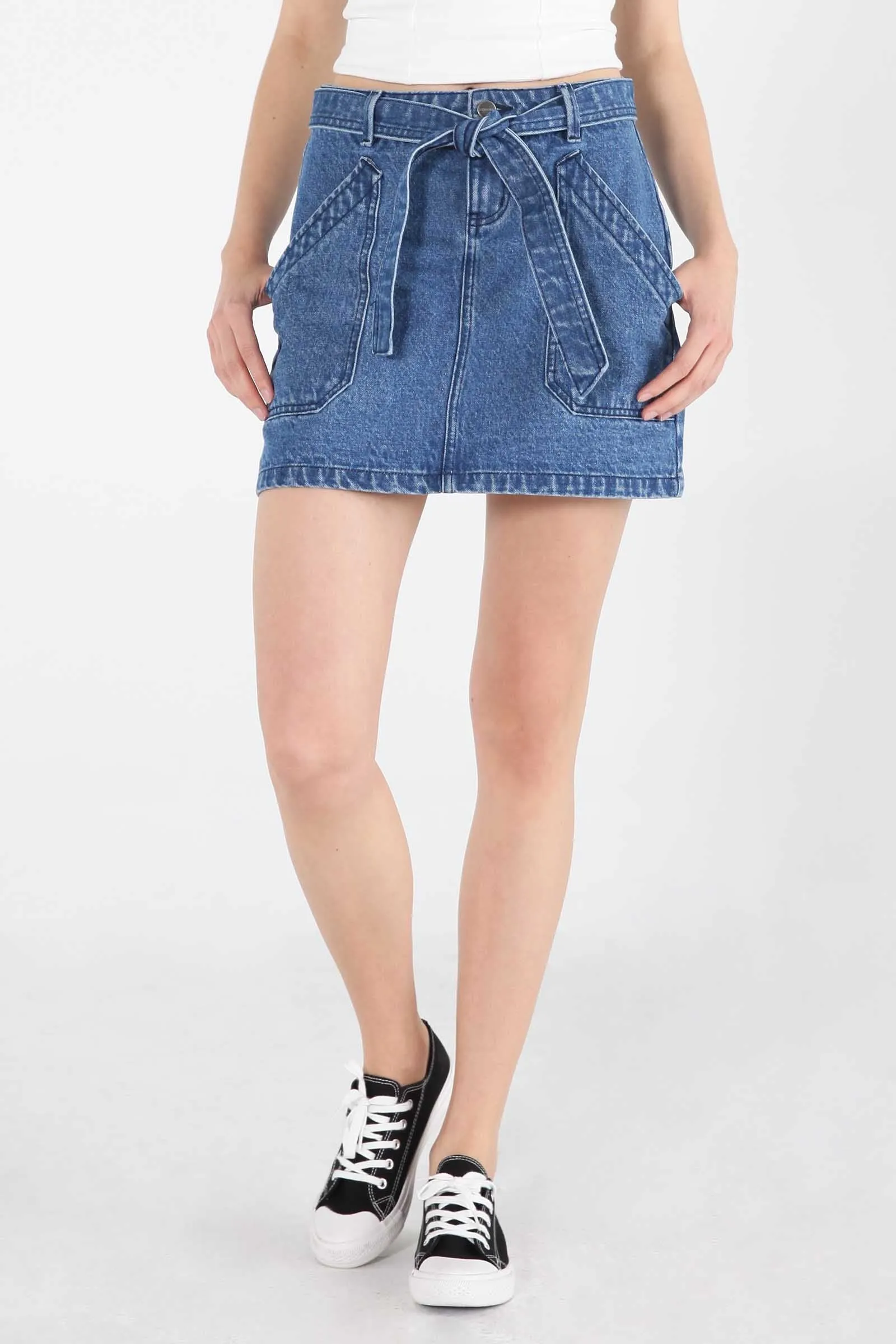 A-Line Denim Skirt With Self-Fabric Belt