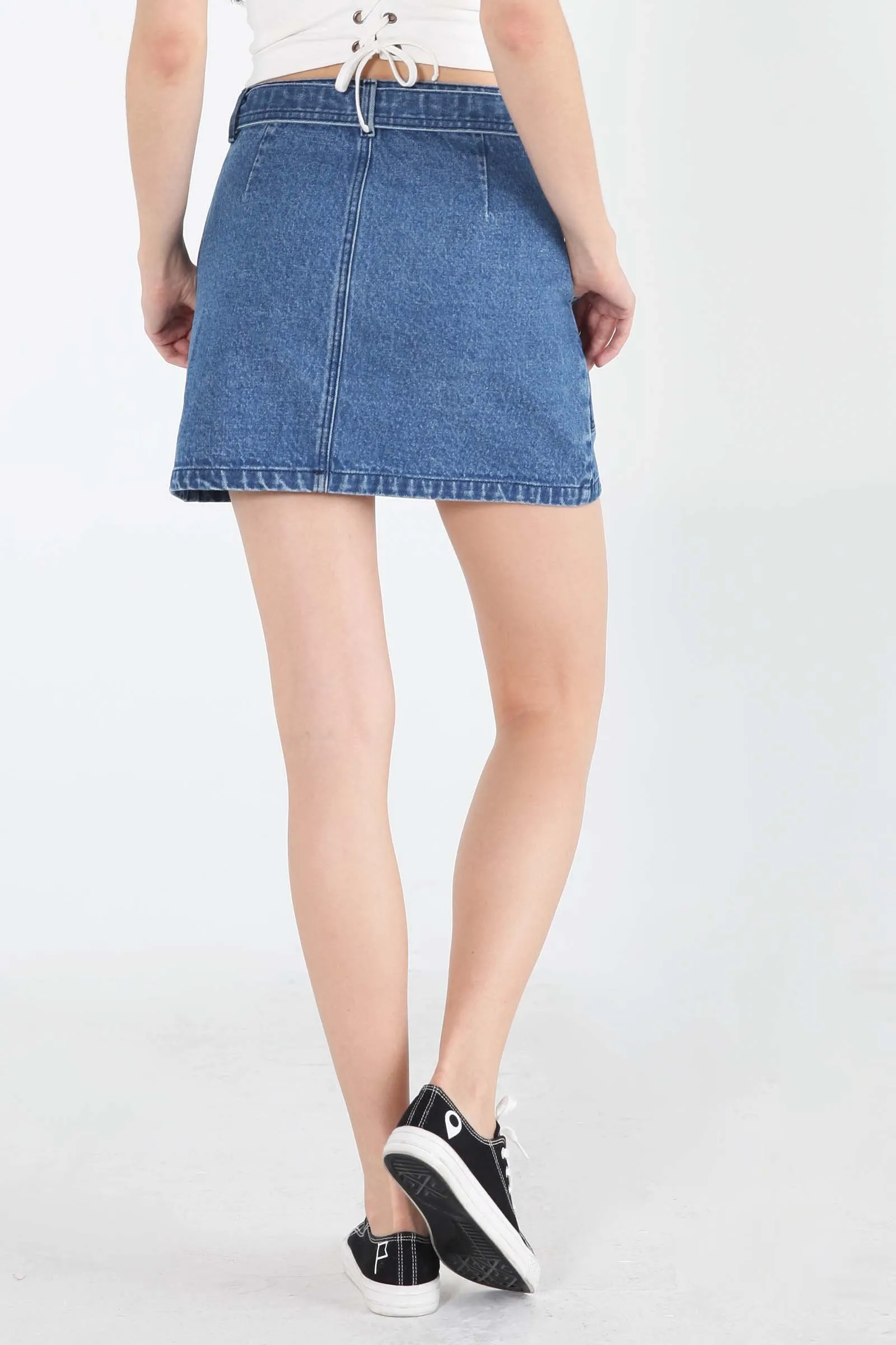 A-Line Denim Skirt With Self-Fabric Belt