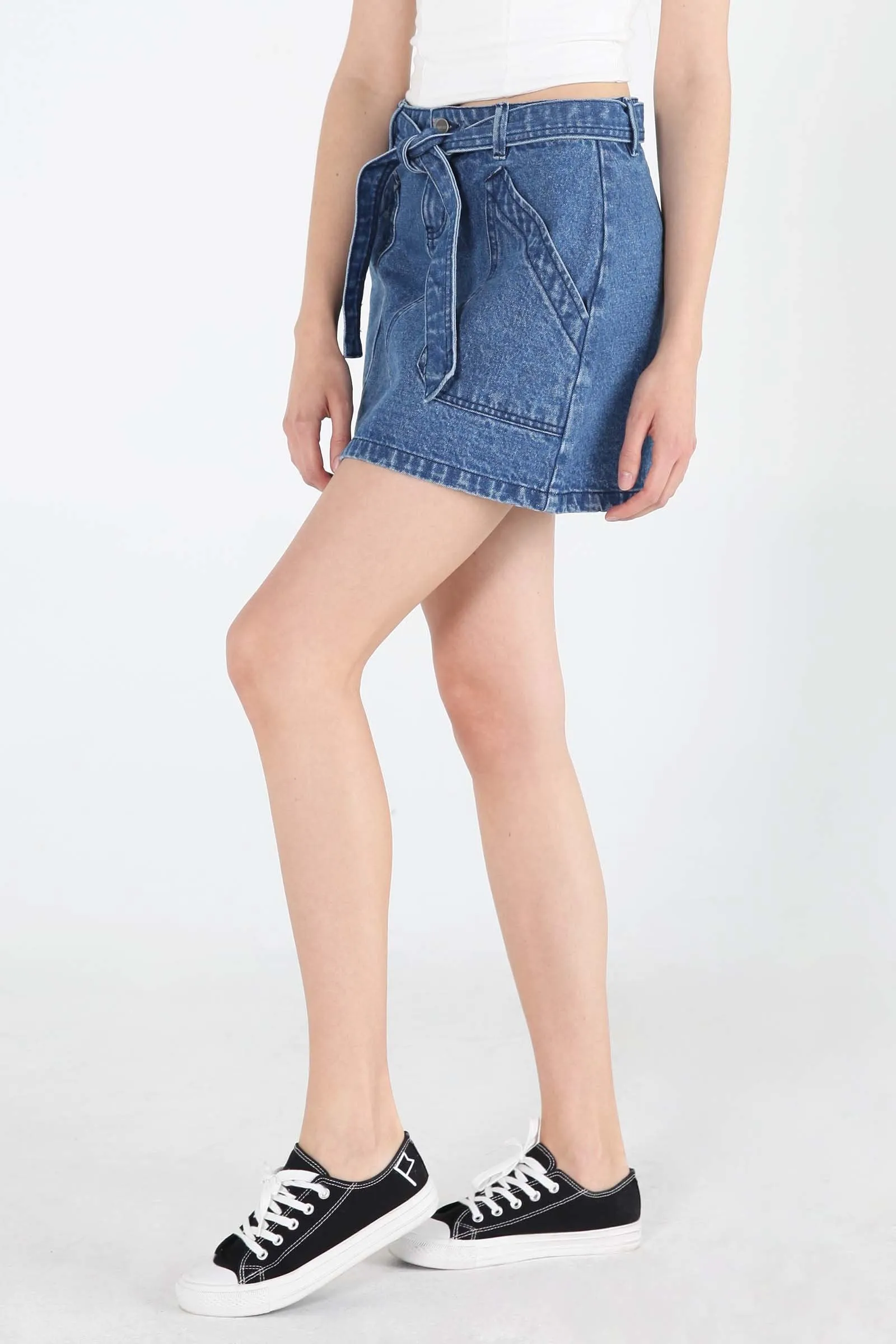 A-Line Denim Skirt With Self-Fabric Belt