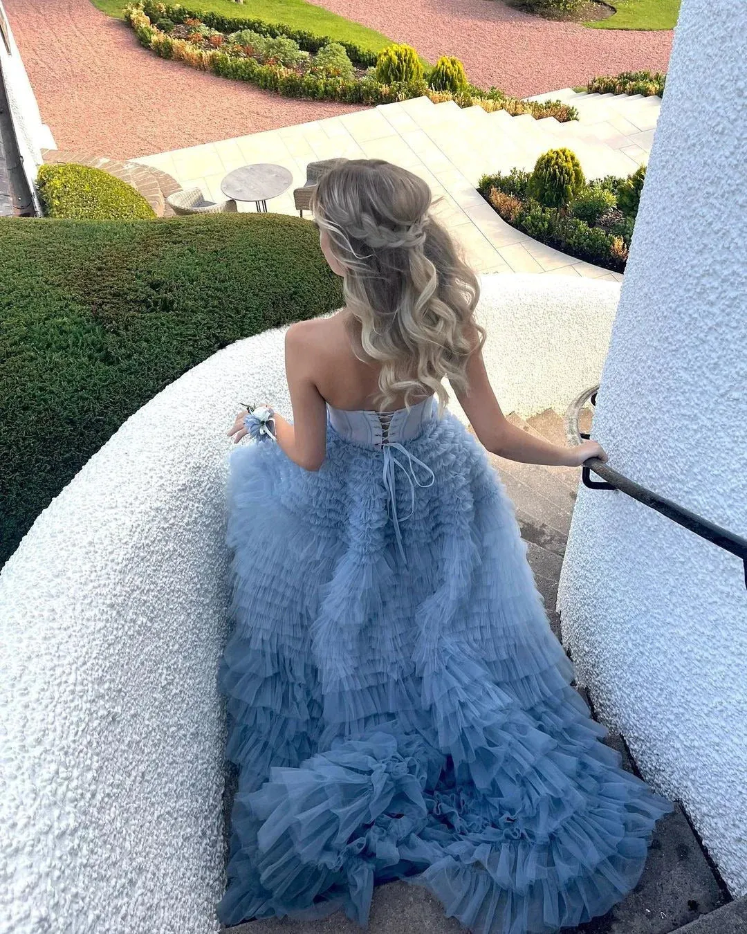 A-Line Sweetheart Tiered Ruffled Tulle Long Prom Dresses