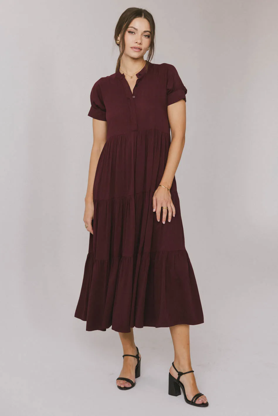 Amanda Tiered Dress in Burgundy