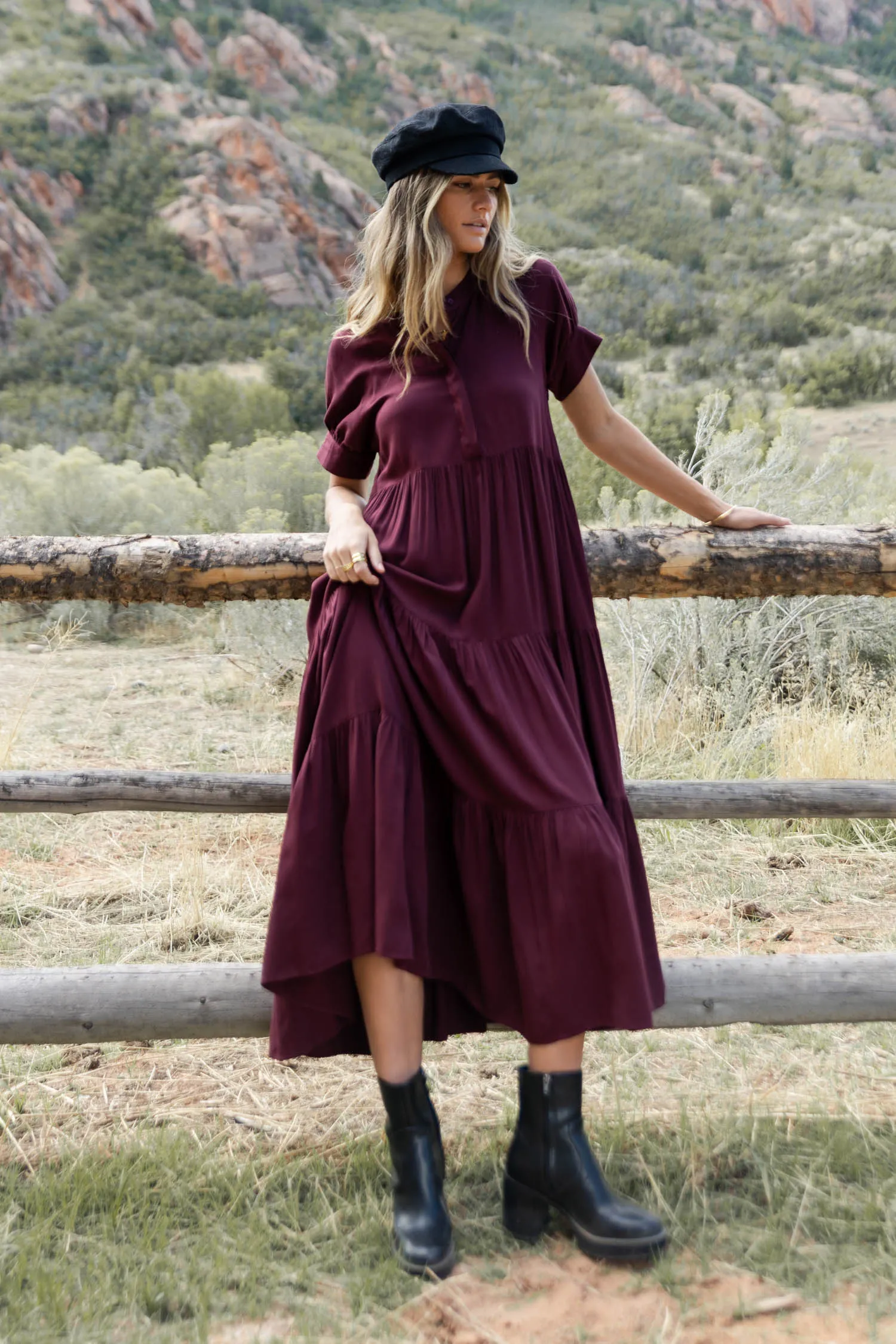 Amanda Tiered Dress in Burgundy