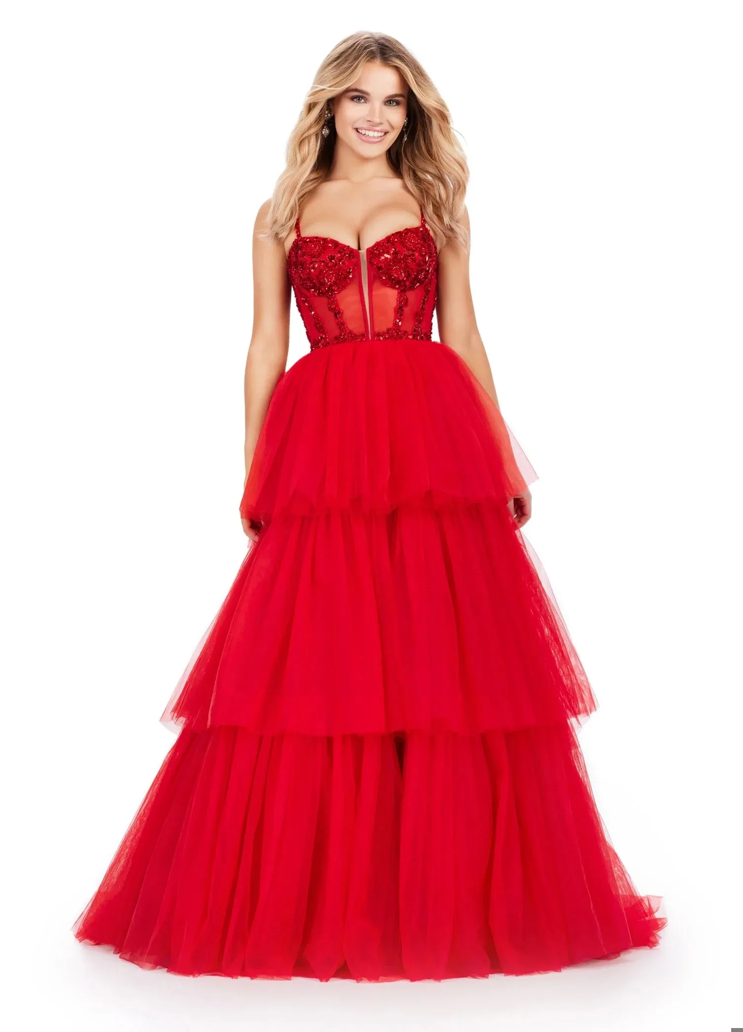 Ashley Lauren 11462 Size 16 Red Sheer Beaded Corset Layer Tulle Prom Dress Ballgown Pageant Tiered Gown