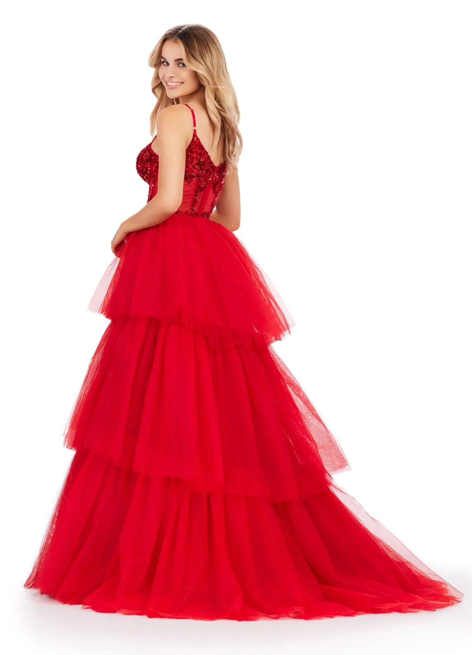 Ashley Lauren 11462 Size 16 Red Sheer Beaded Corset Layer Tulle Prom Dress Ballgown Pageant Tiered Gown