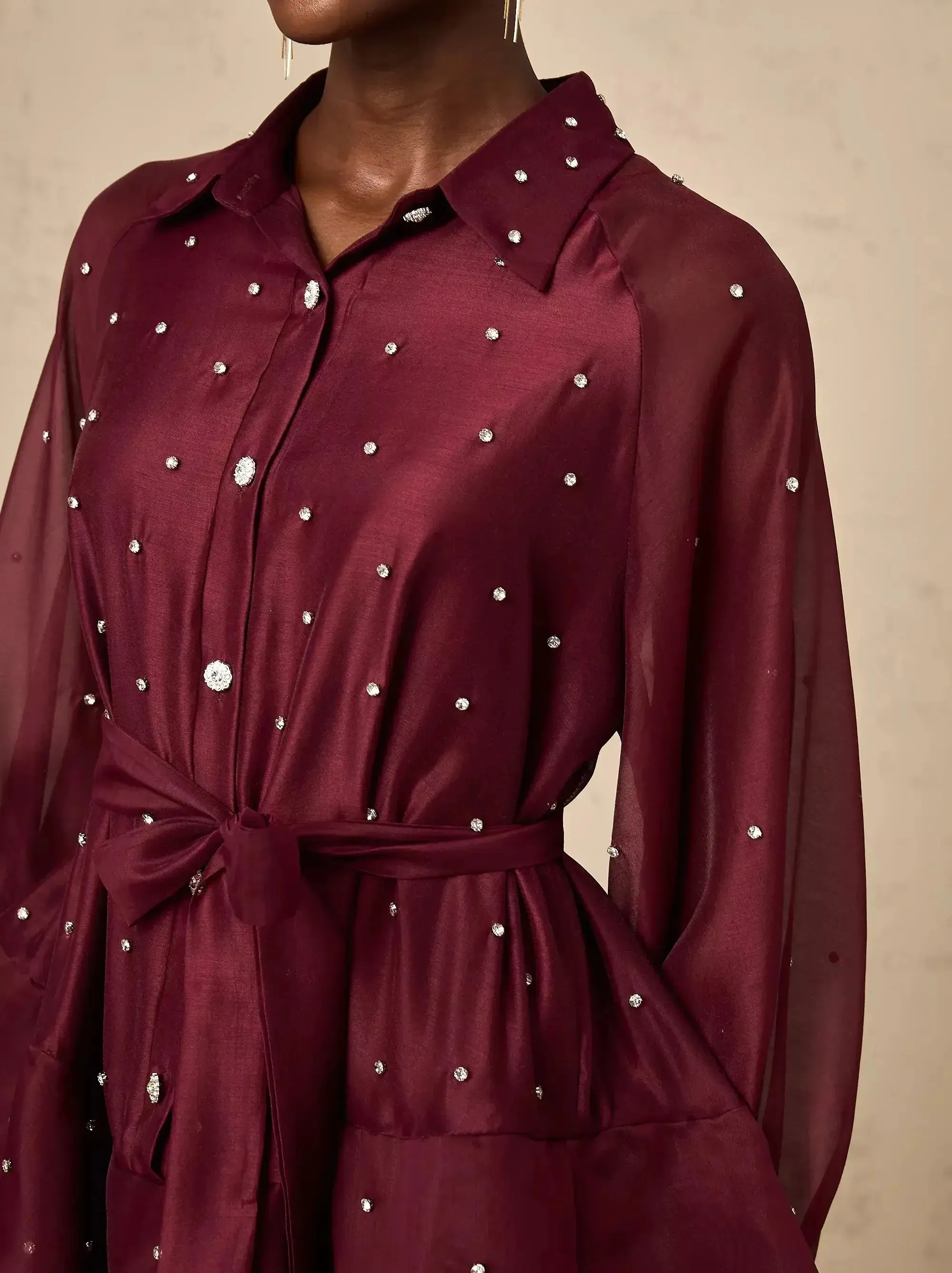 Bead-Embellished Tiered Flared Shirt Dress in Burgundy