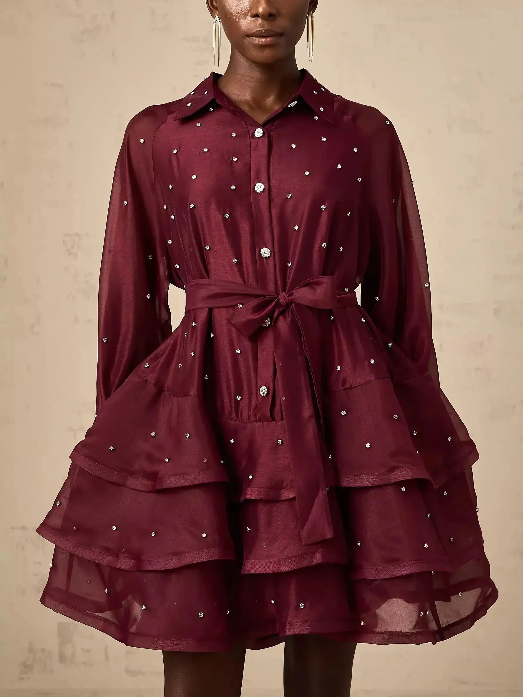 Bead-Embellished Tiered Flared Shirt Dress in Burgundy