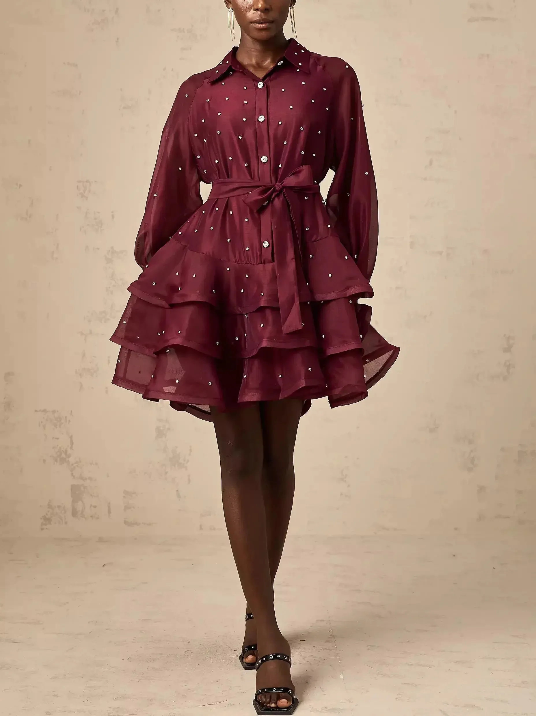 Bead-Embellished Tiered Flared Shirt Dress in Burgundy