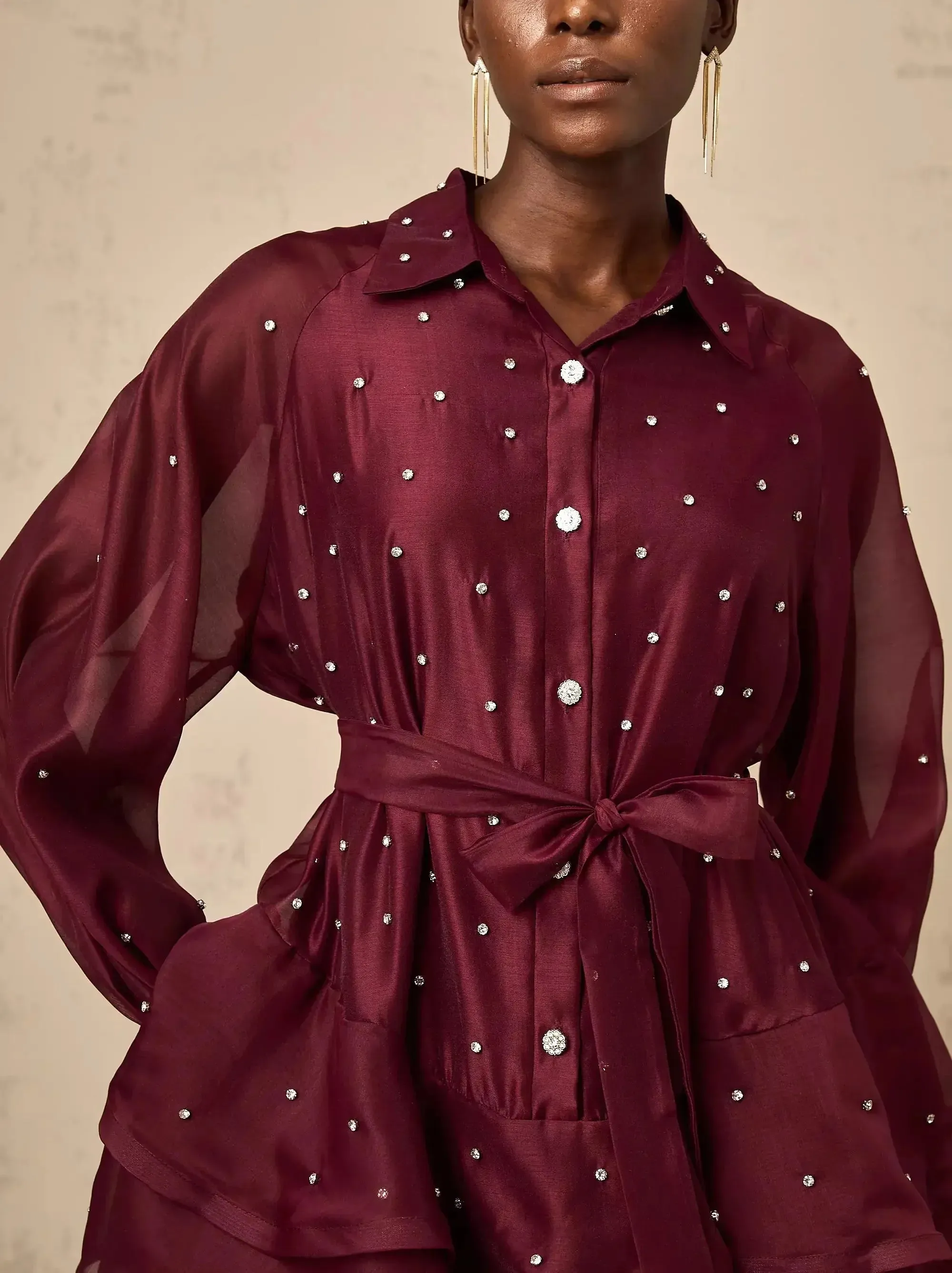 Bead-Embellished Tiered Flared Shirt Dress in Burgundy