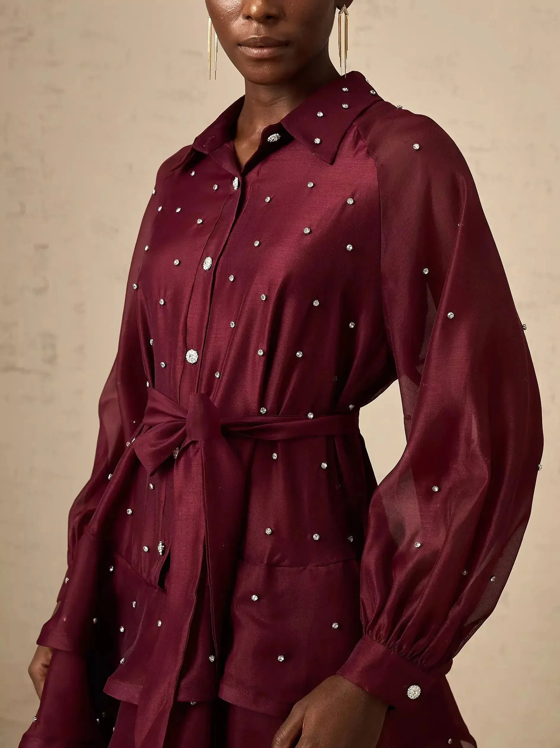 Bead-Embellished Tiered Flared Shirt Dress in Burgundy