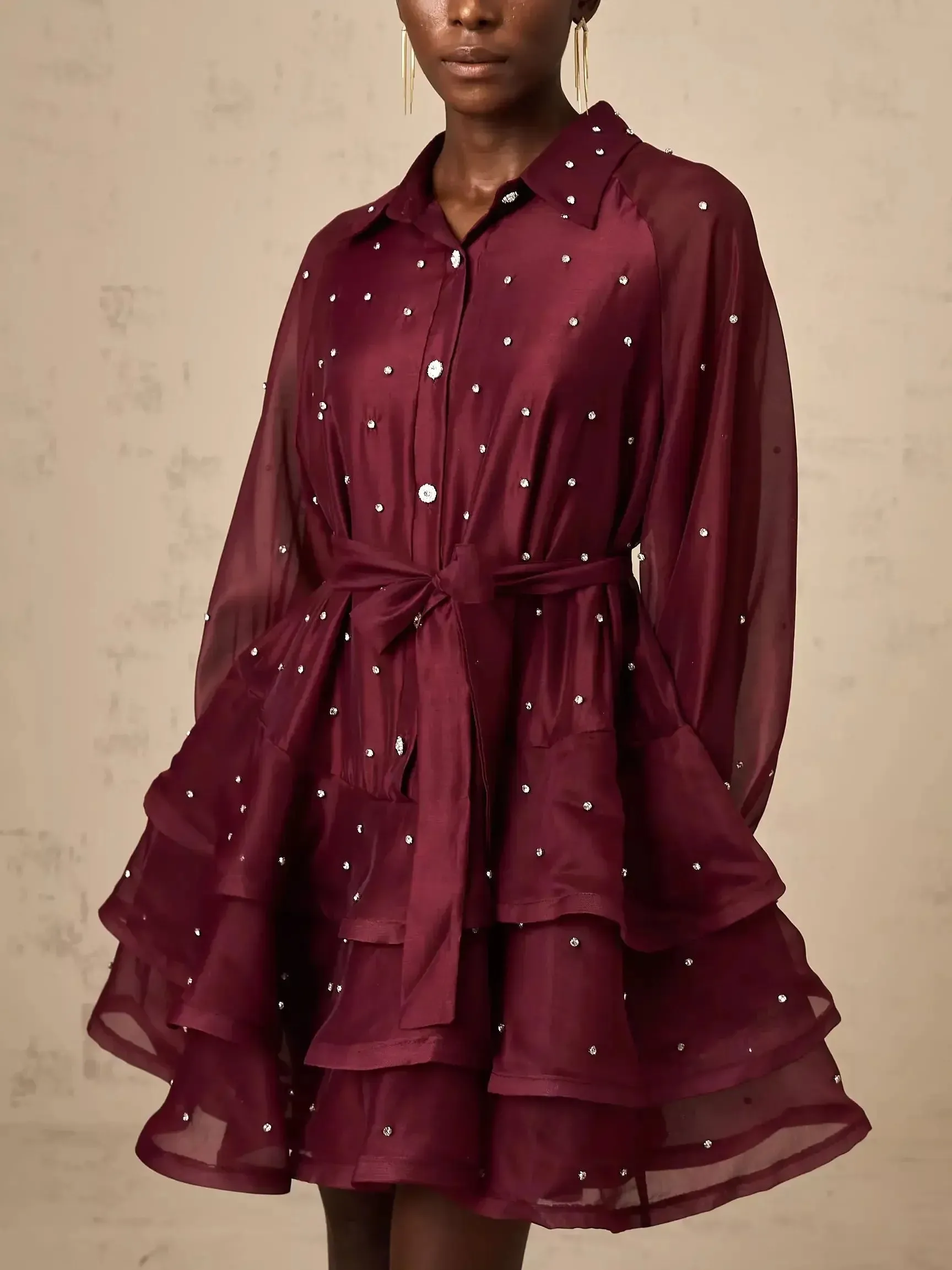 Bead-Embellished Tiered Flared Shirt Dress in Burgundy