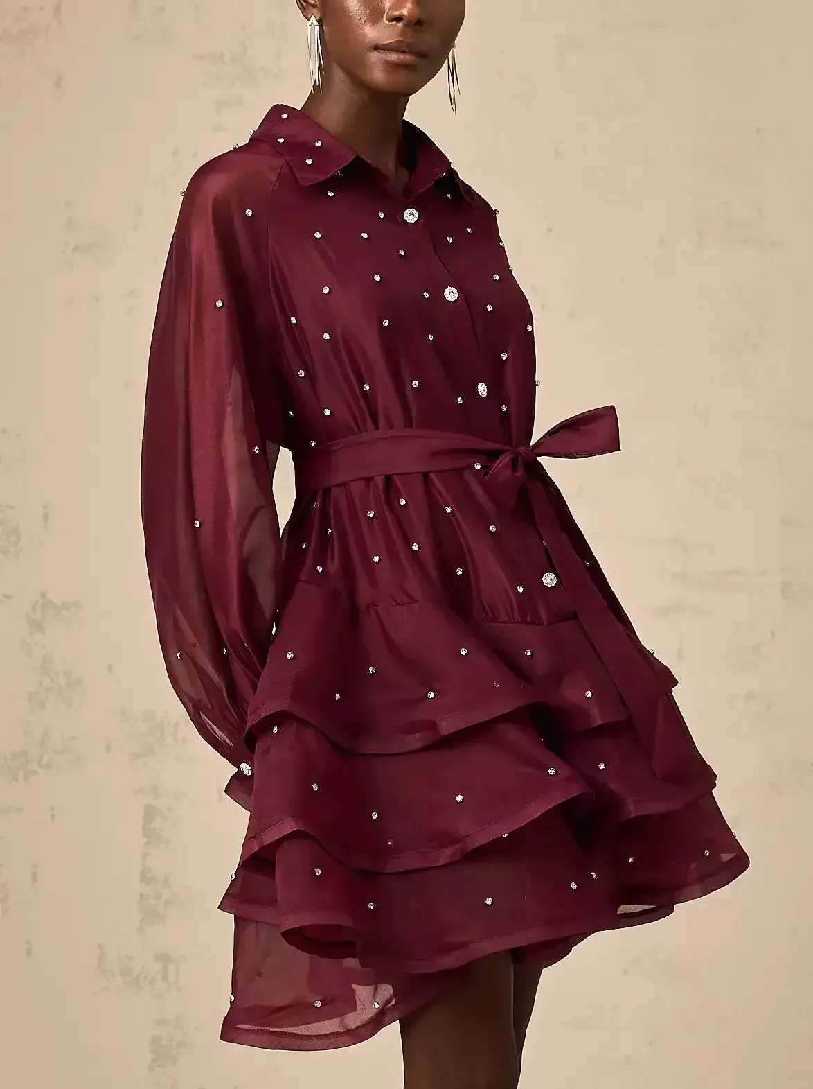 Bead-Embellished Tiered Flared Shirt Dress in Burgundy