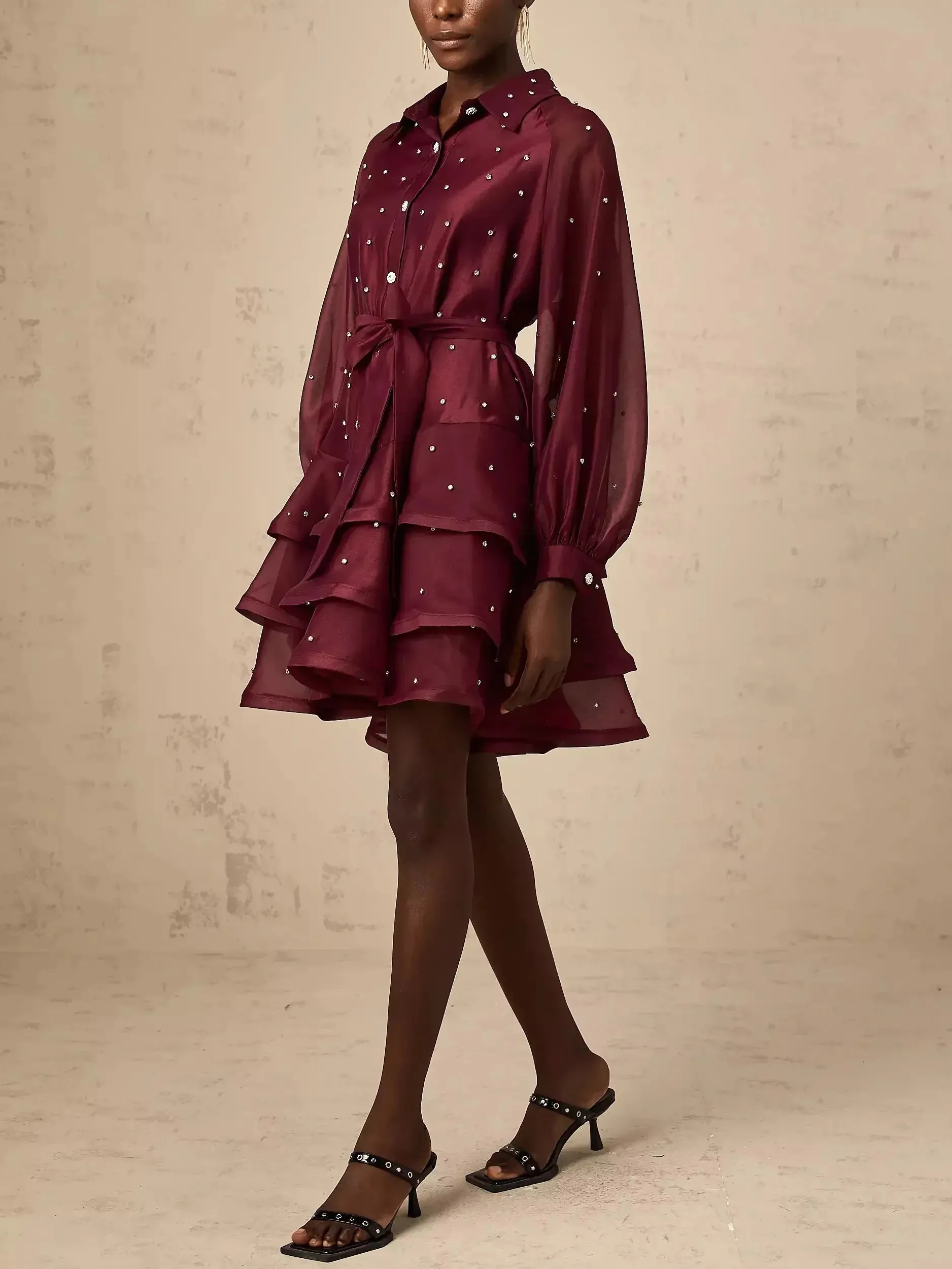 Bead-Embellished Tiered Flared Shirt Dress in Burgundy