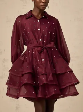 Bead-Embellished Tiered Flared Shirt Dress in Burgundy