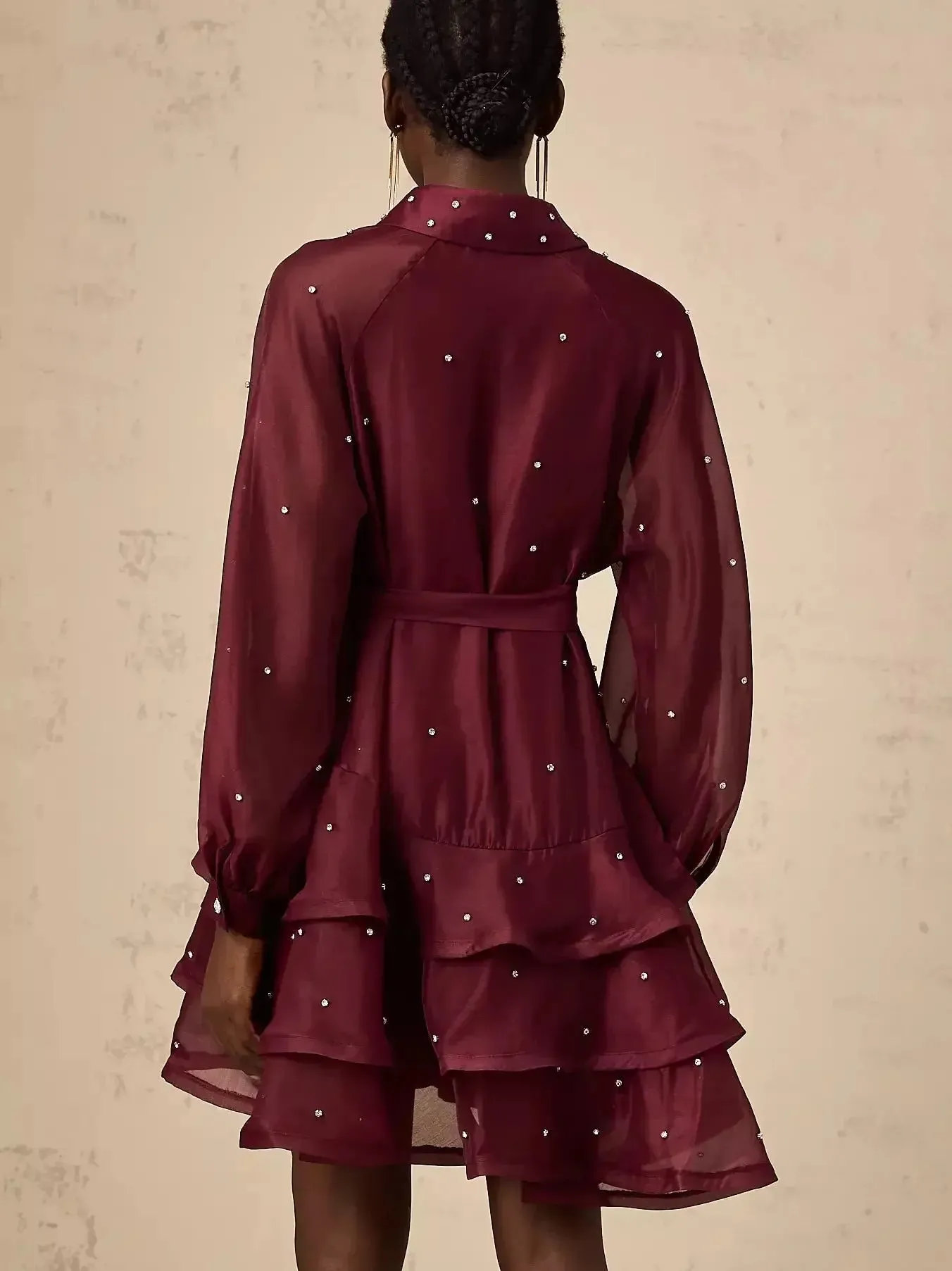 Bead-Embellished Tiered Flared Shirt Dress in Burgundy