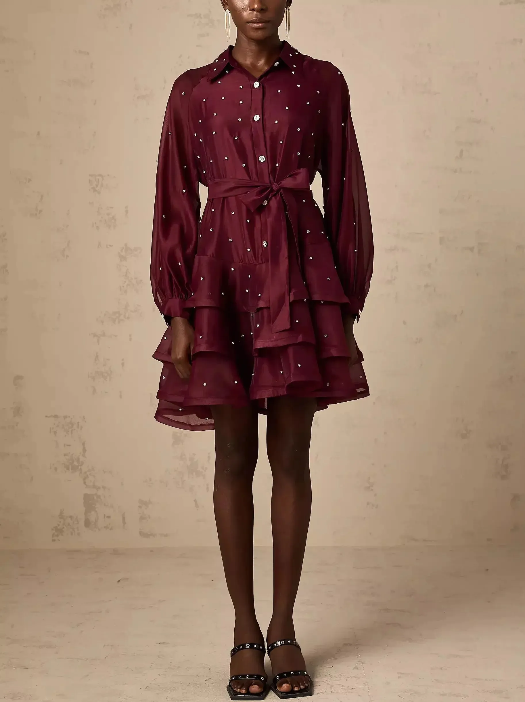 Bead-Embellished Tiered Flared Shirt Dress in Burgundy