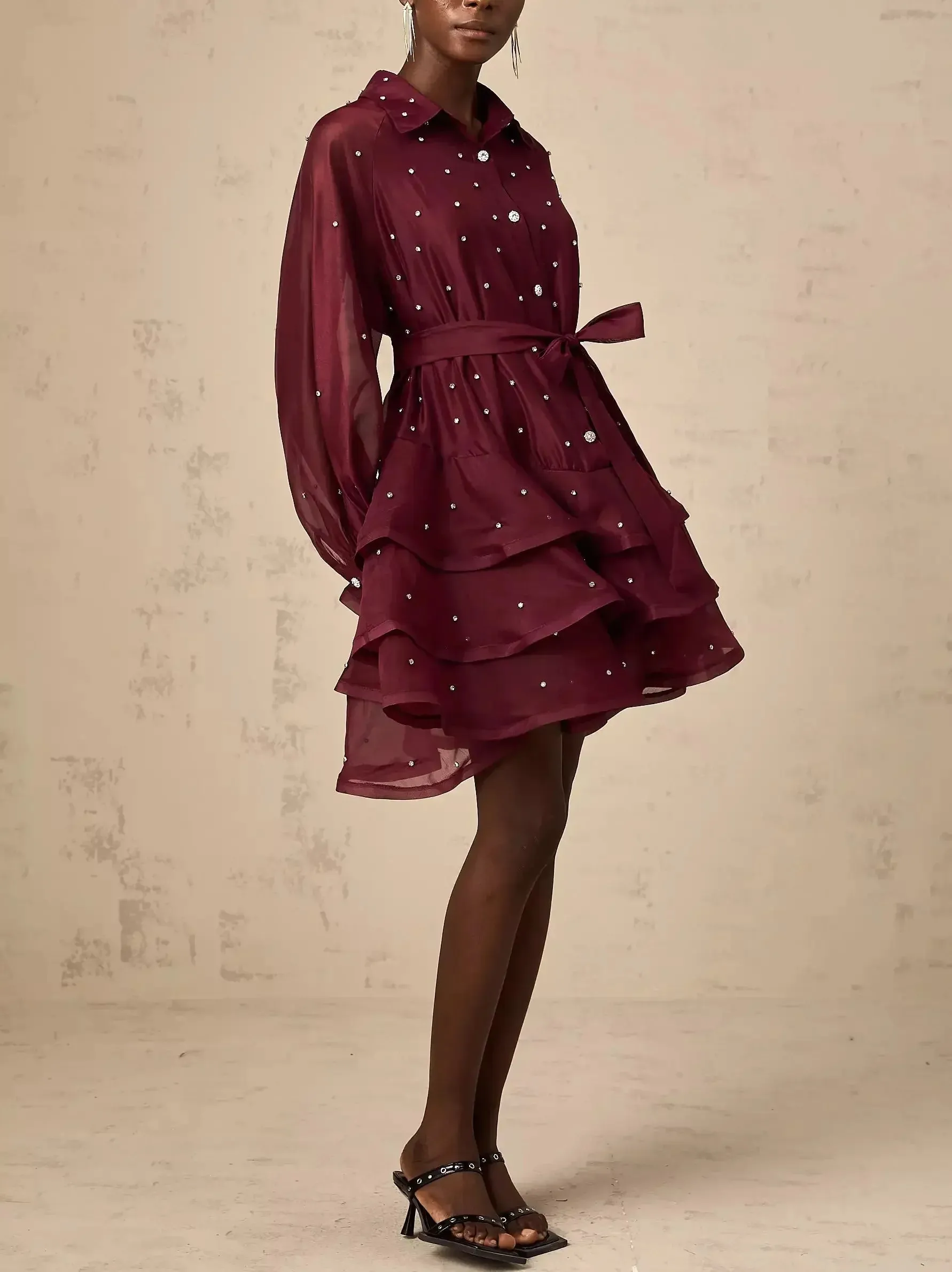 Bead-Embellished Tiered Flared Shirt Dress in Burgundy