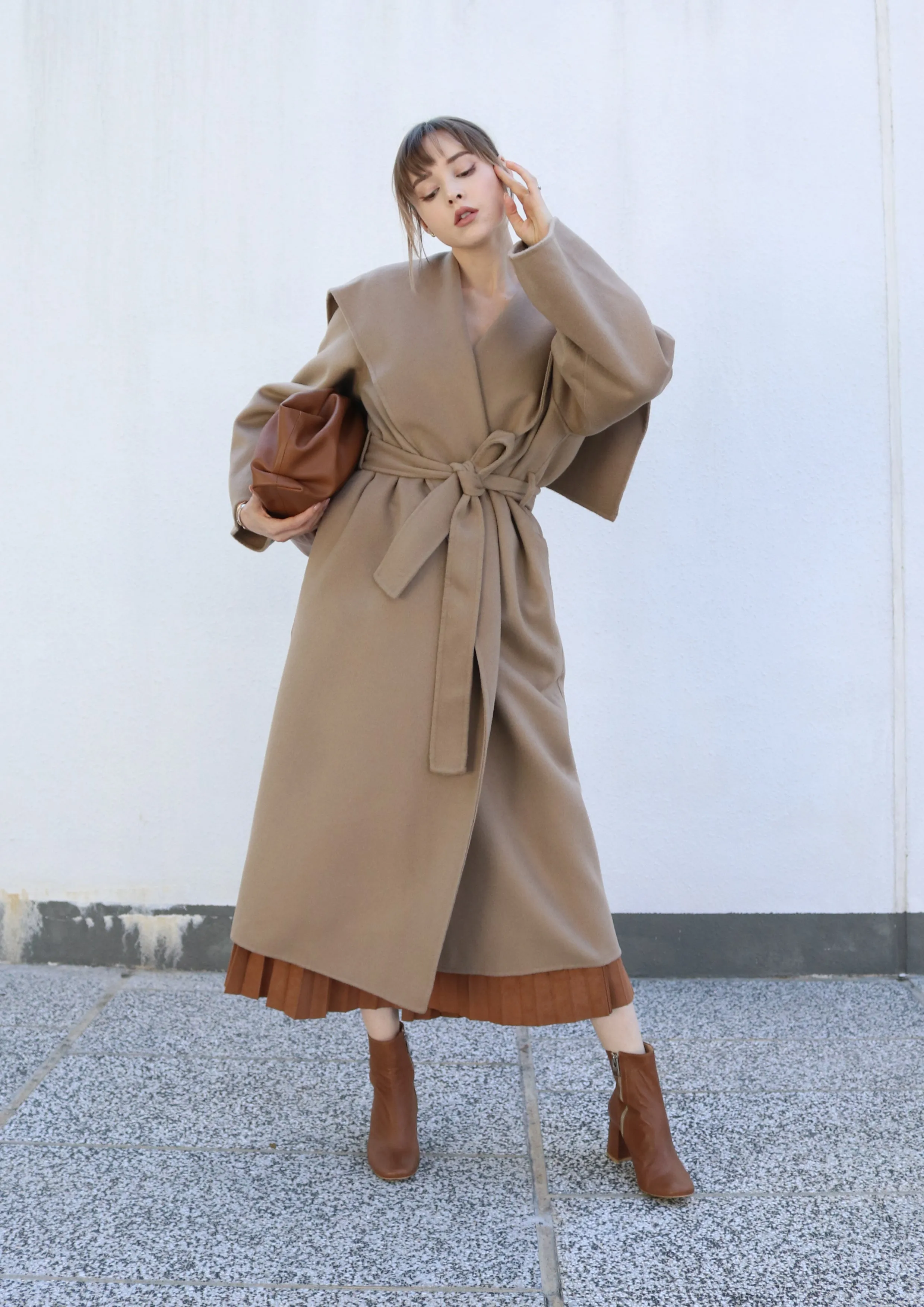 Beige Belted Caped Coat