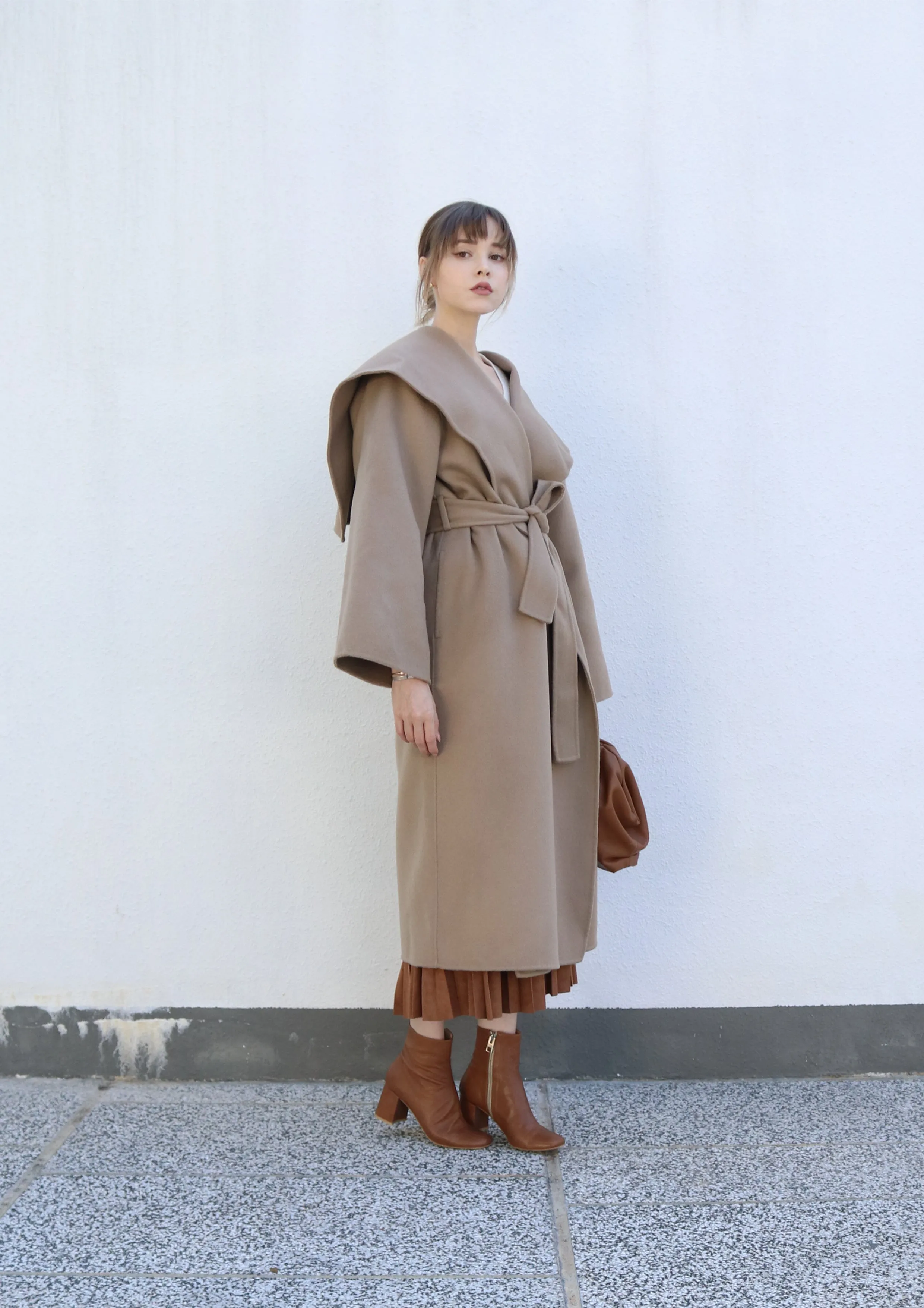 Beige Belted Caped Coat