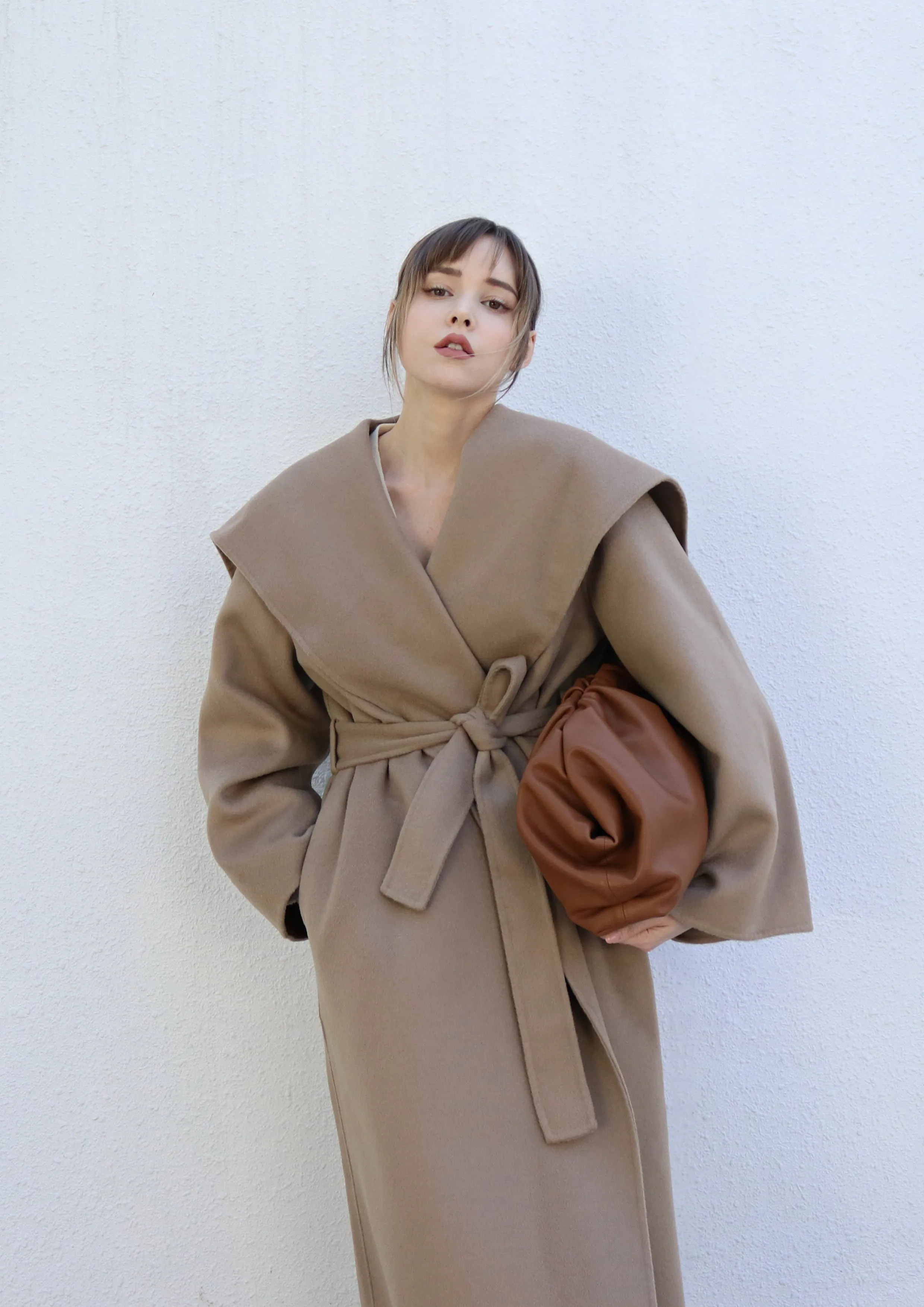 Beige Belted Caped Coat