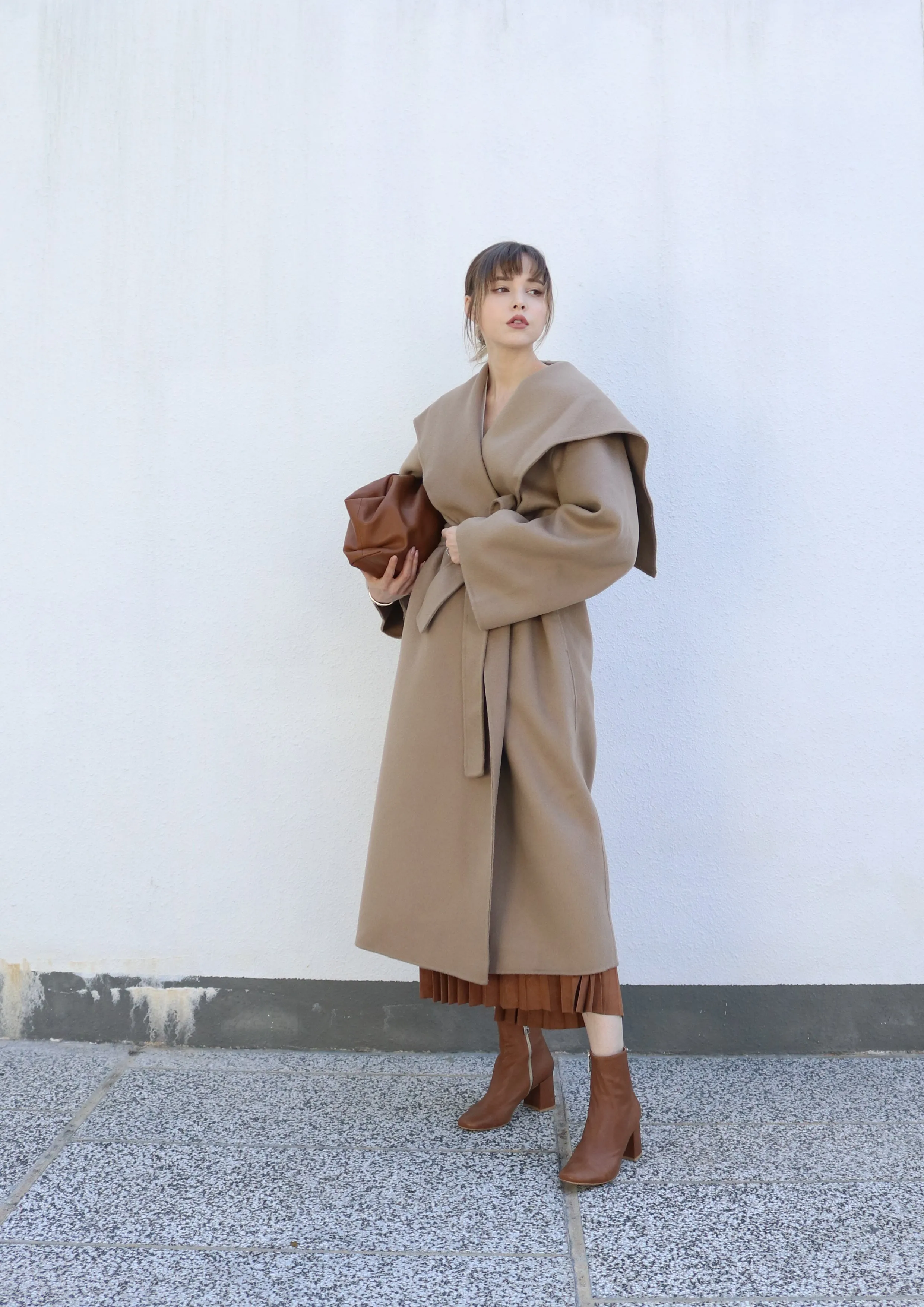 Beige Belted Caped Coat