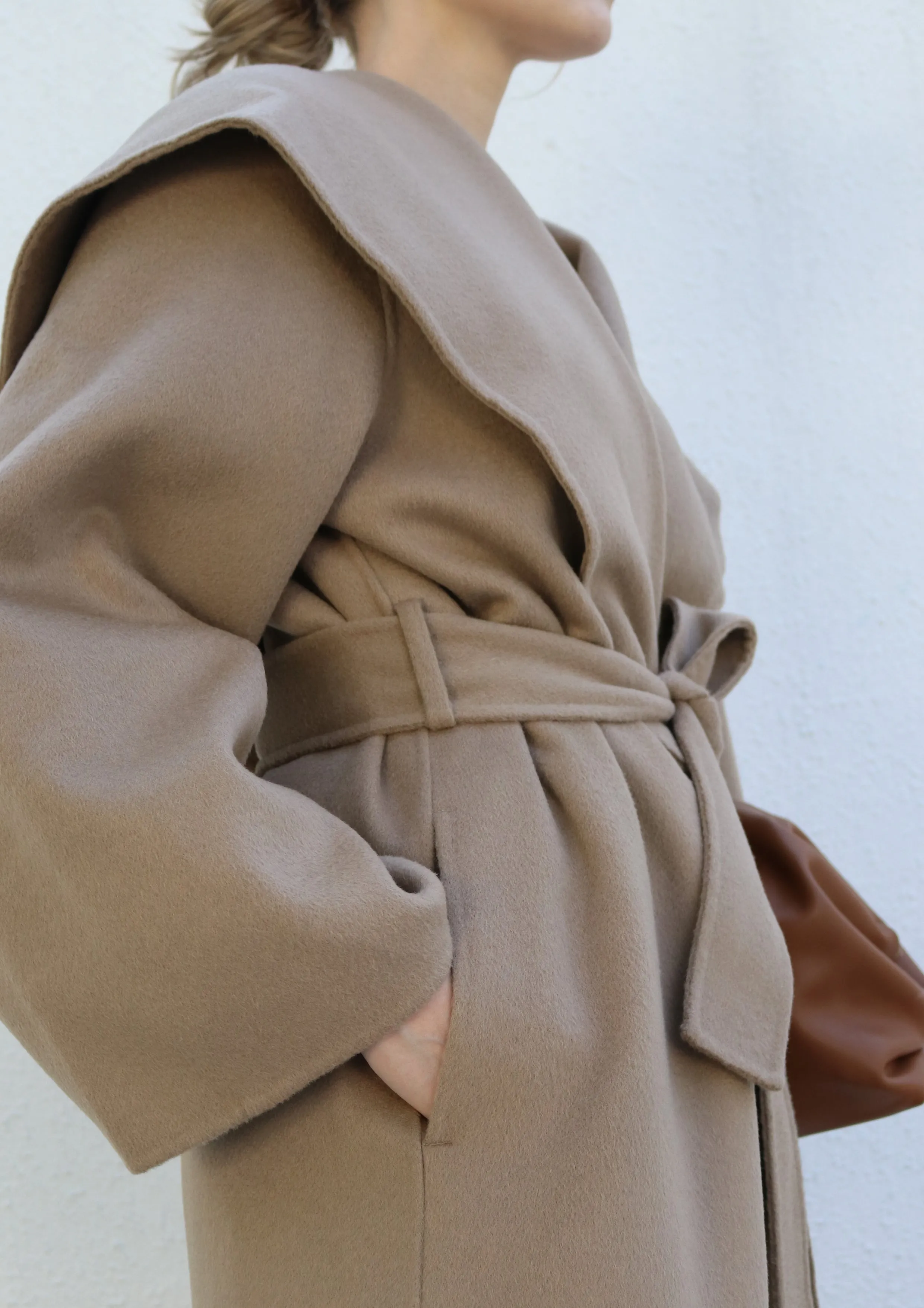 Beige Belted Caped Coat