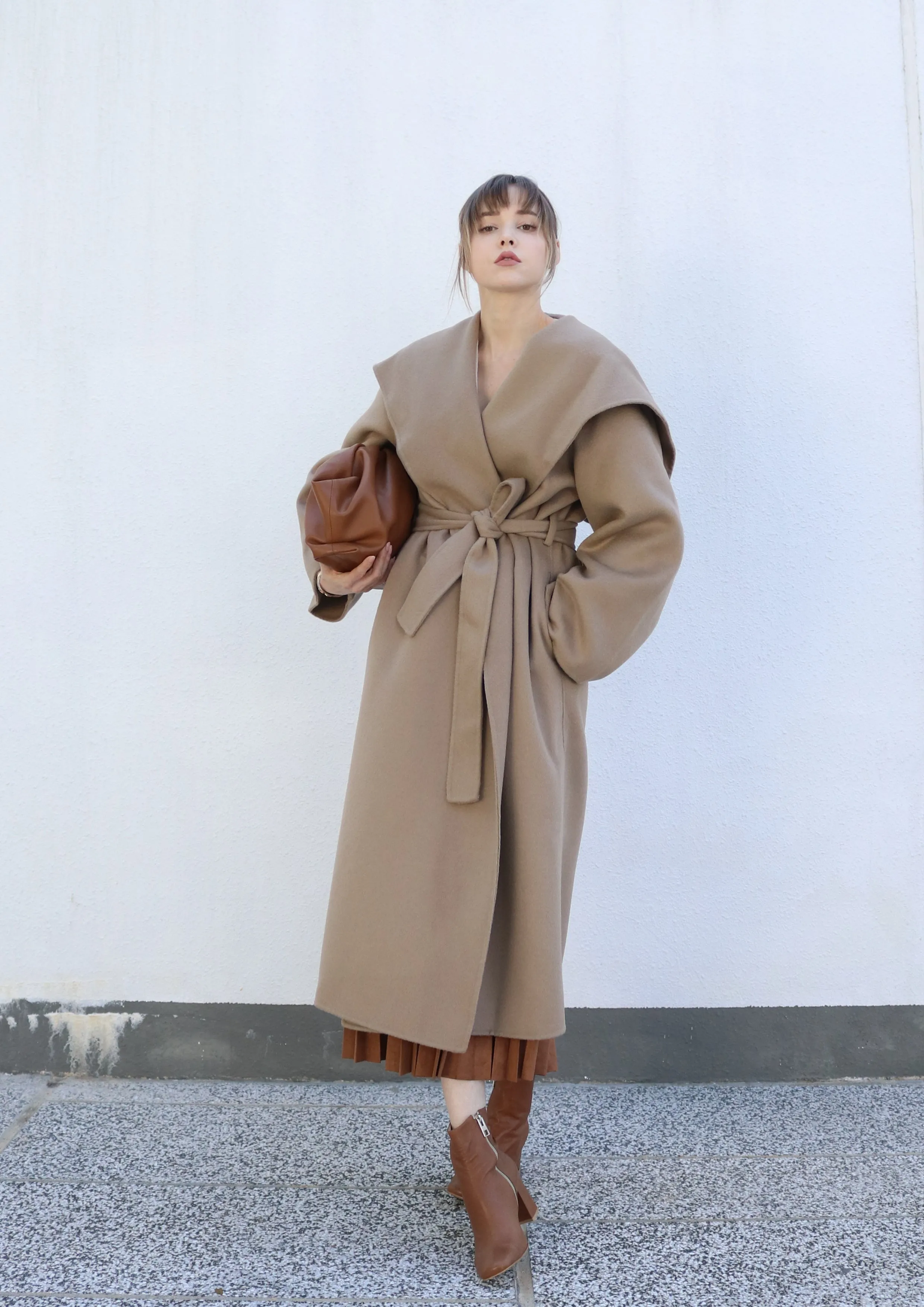 Beige Belted Caped Coat