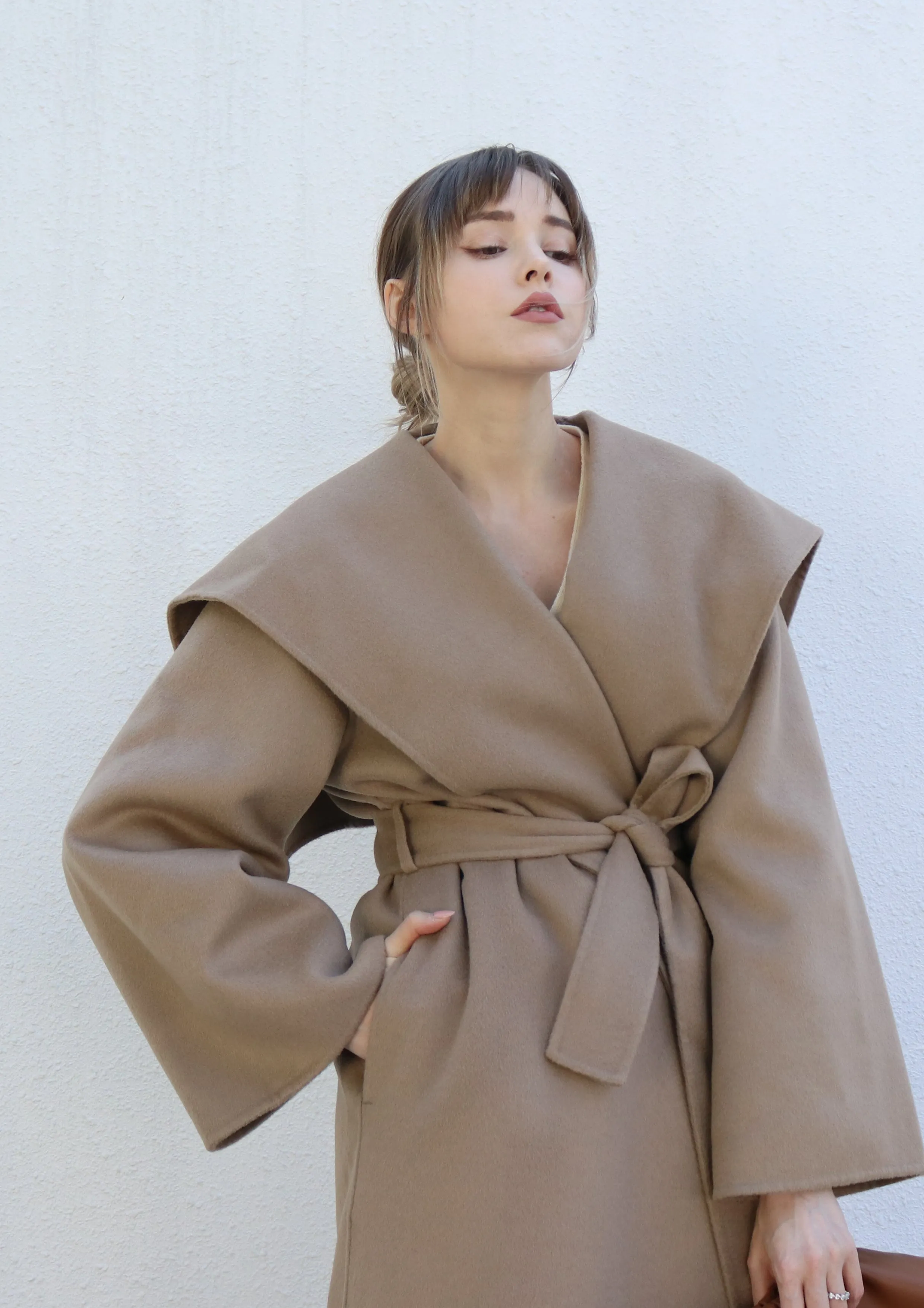 Beige Belted Caped Coat