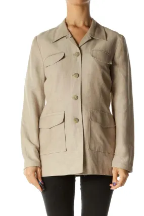 Beige Pocketed Buttoned Linen Padded Shoulders Jacket