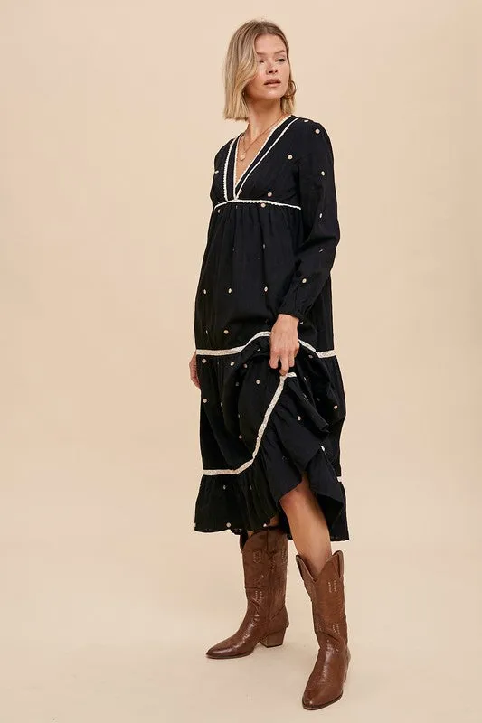 Black All Over Embroidery Tiered Midi Dress