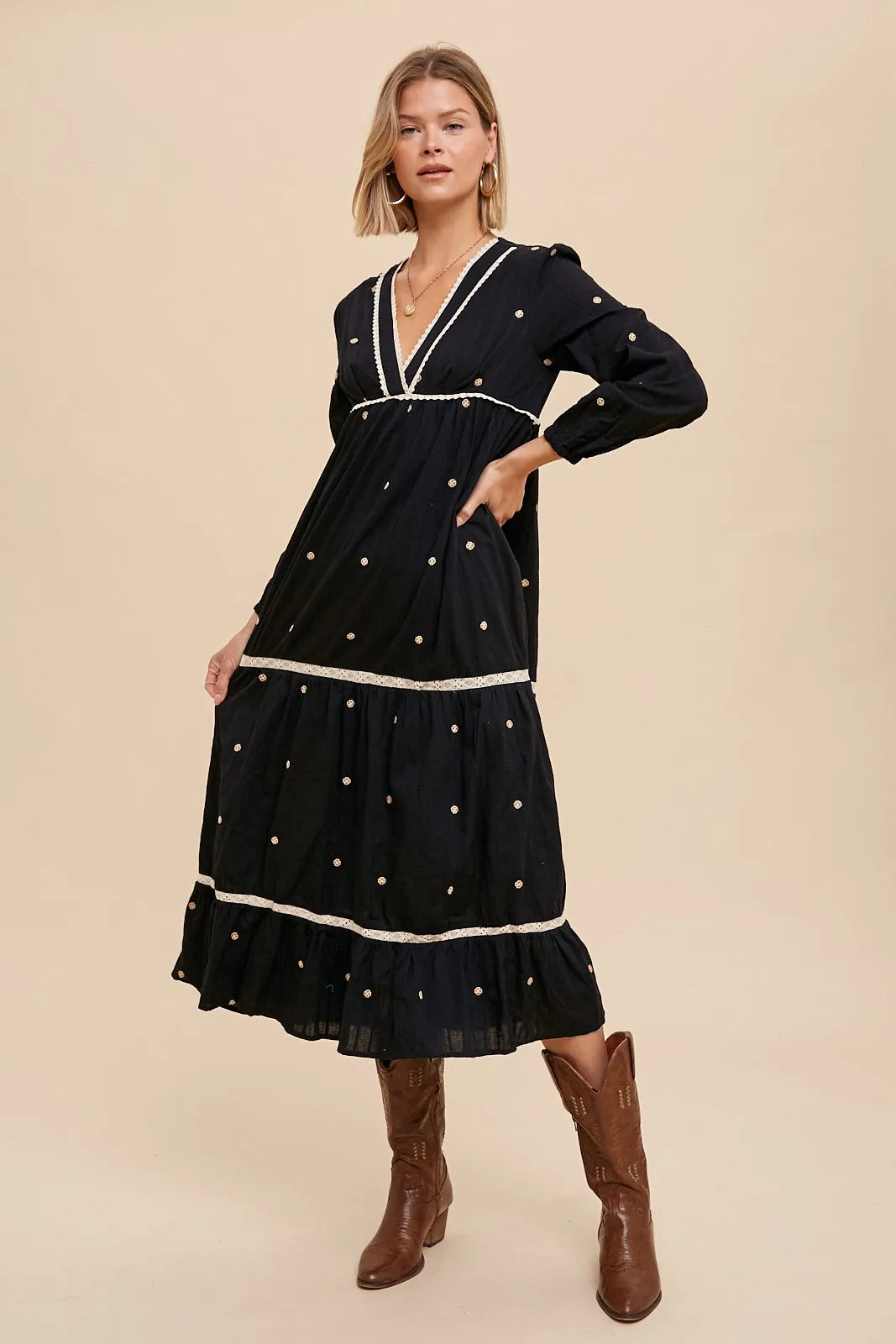 Black All Over Embroidery Tiered Midi Dress