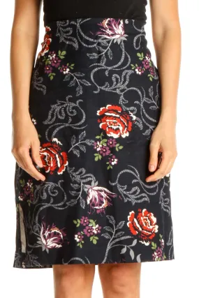 Black Floral Print Holiday A-Line Skirt