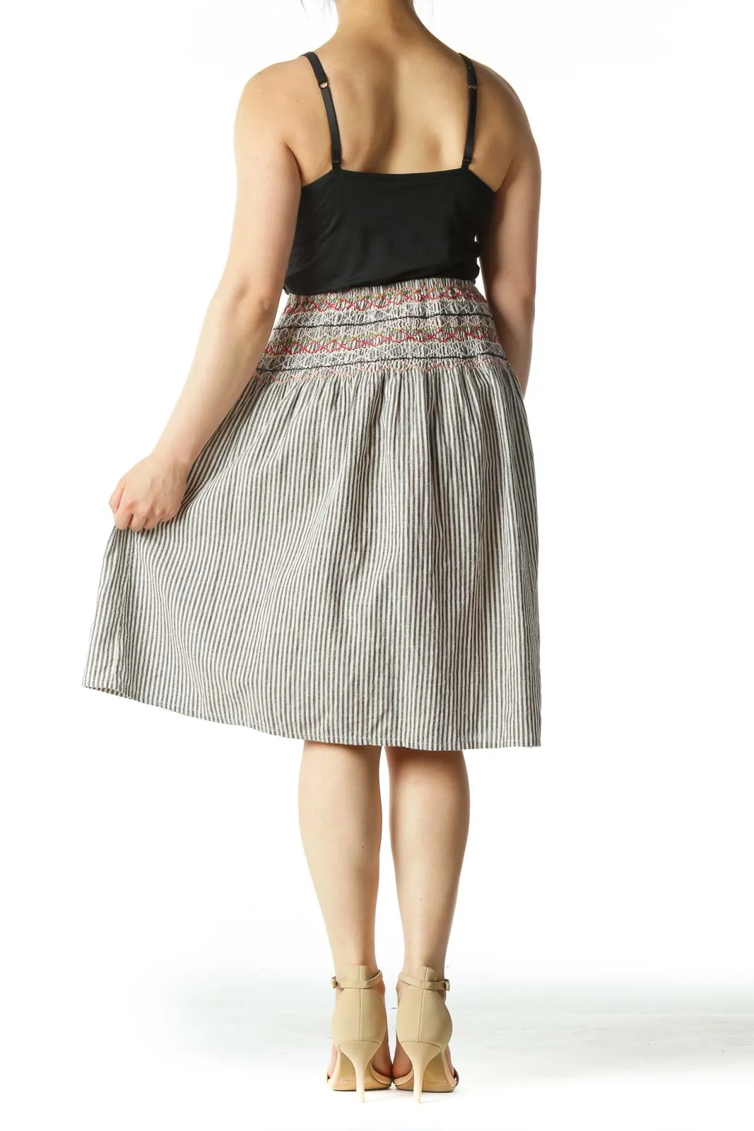 Black Striped A-Line Skirt with Multicolored Pattern