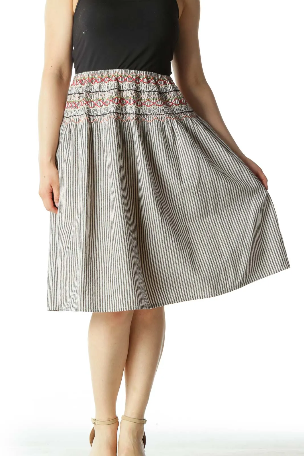 Black Striped A-Line Skirt with Multicolored Pattern