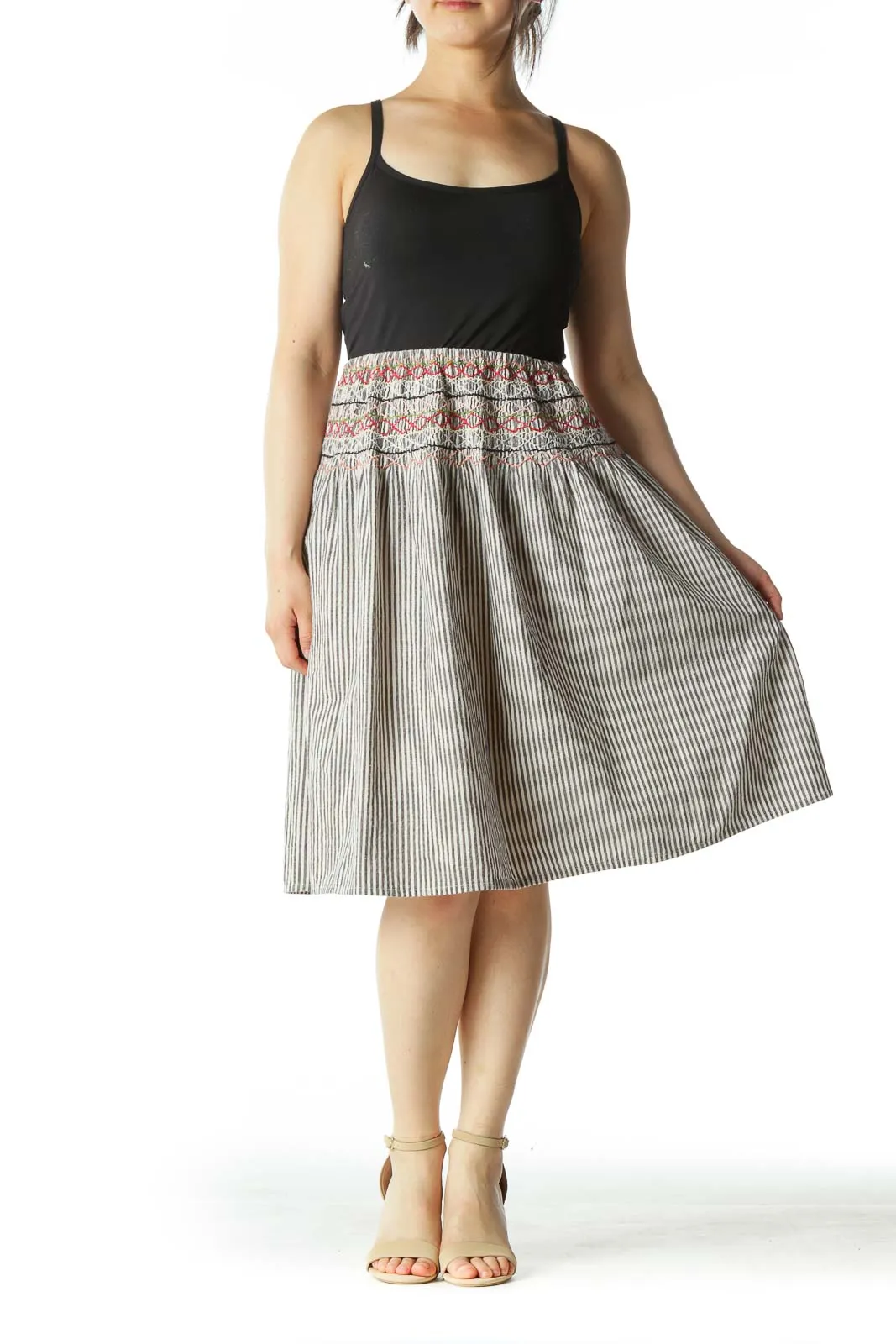 Black Striped A-Line Skirt with Multicolored Pattern