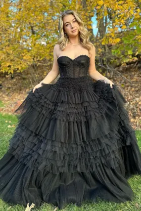 Black Tiered Tulle Long Sweetheart Prom Dresses