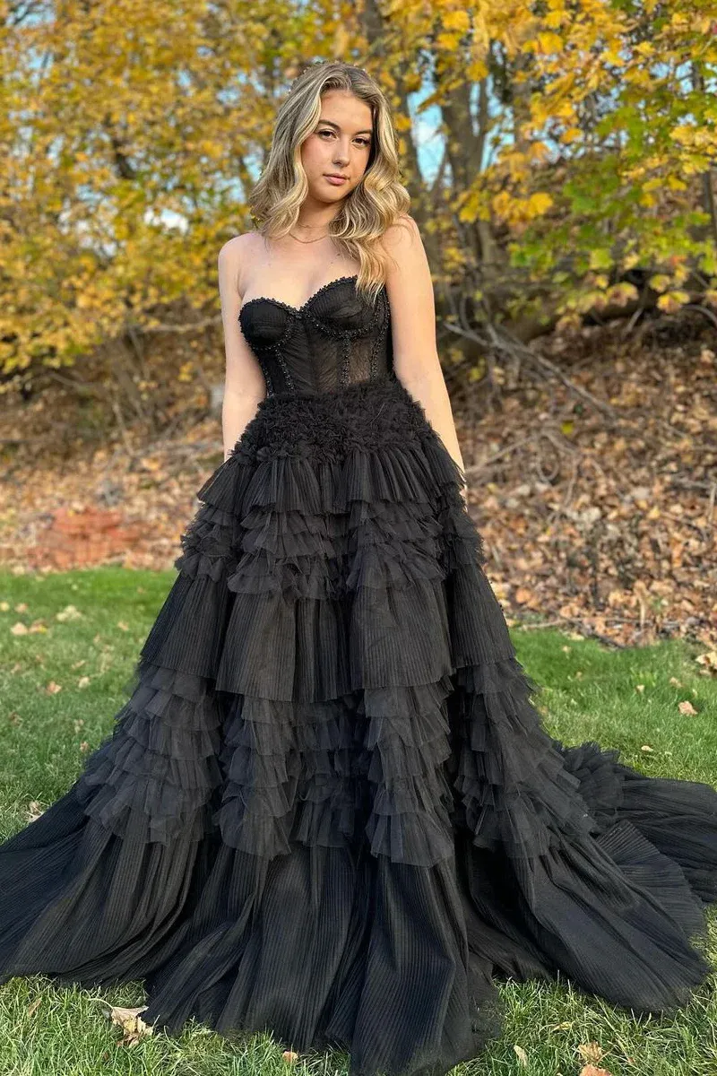 Black Tiered Tulle Long Sweetheart Prom Dresses