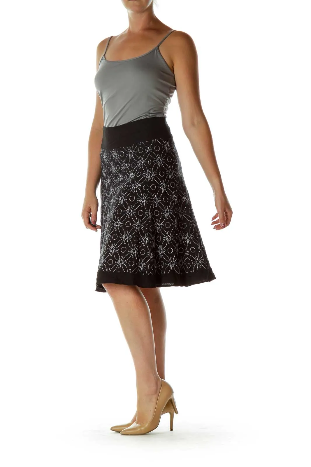 Black White Embroidered A-Line Skirt