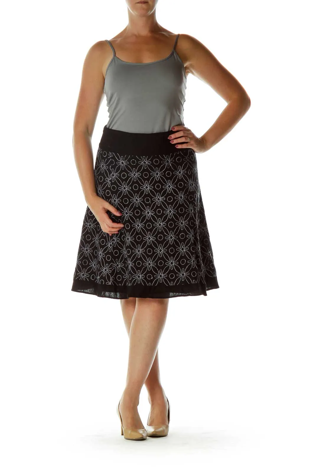 Black White Embroidered A-Line Skirt