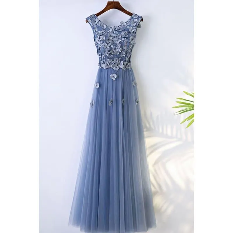 Blue Abiye High Quality A-line Prom Dress Scoop Neck Tulle Flowers Evening Dress