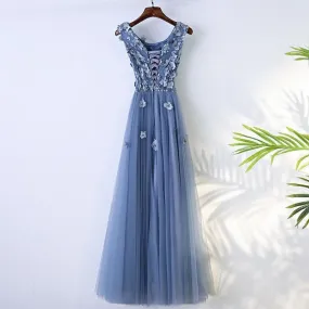 Blue Abiye High Quality A-line Prom Dress Scoop Neck Tulle Flowers Evening Dress