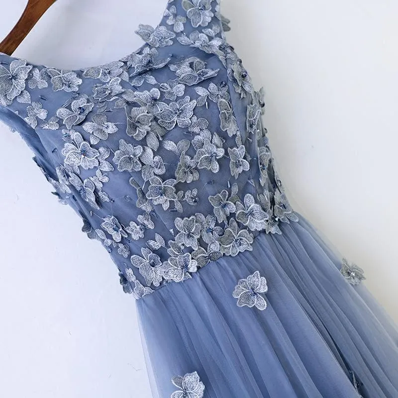 Blue Abiye High Quality A-line Prom Dress Scoop Neck Tulle Flowers Evening Dress