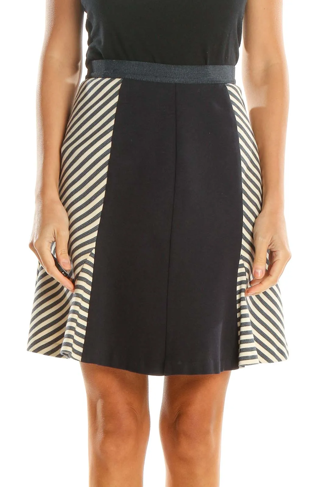 Blue Cream Colorblock Striped Retro A-Line Skirt