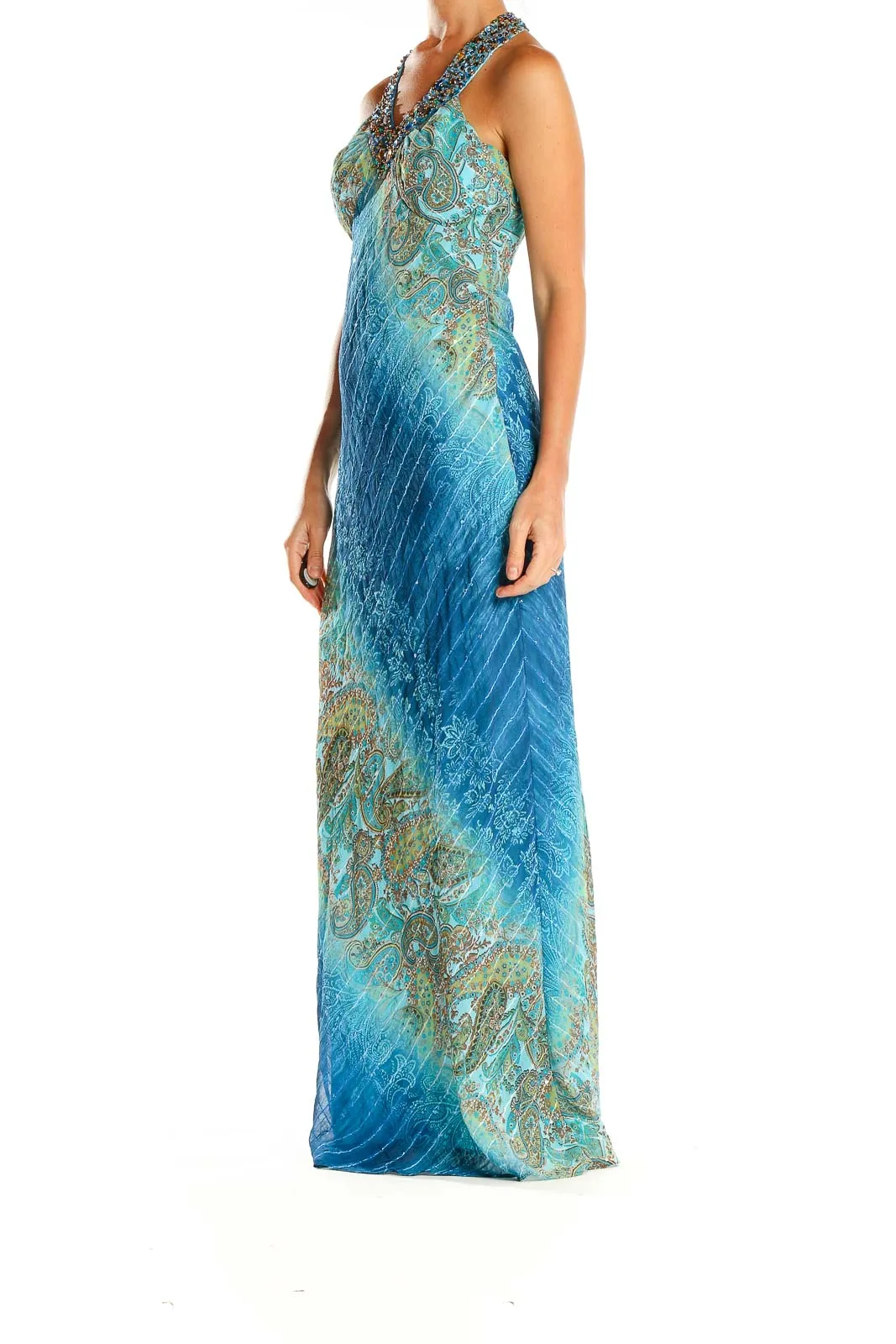 Blue Ombre Paisley Halter Maxi Dress