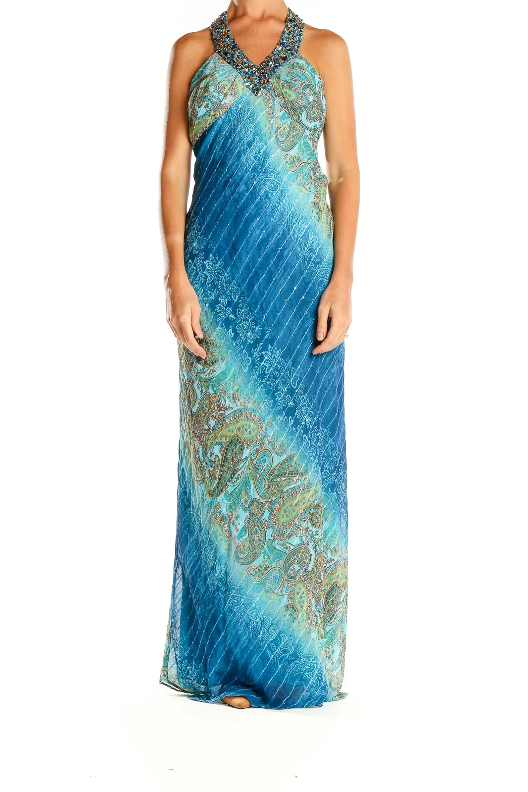 Blue Ombre Paisley Halter Maxi Dress