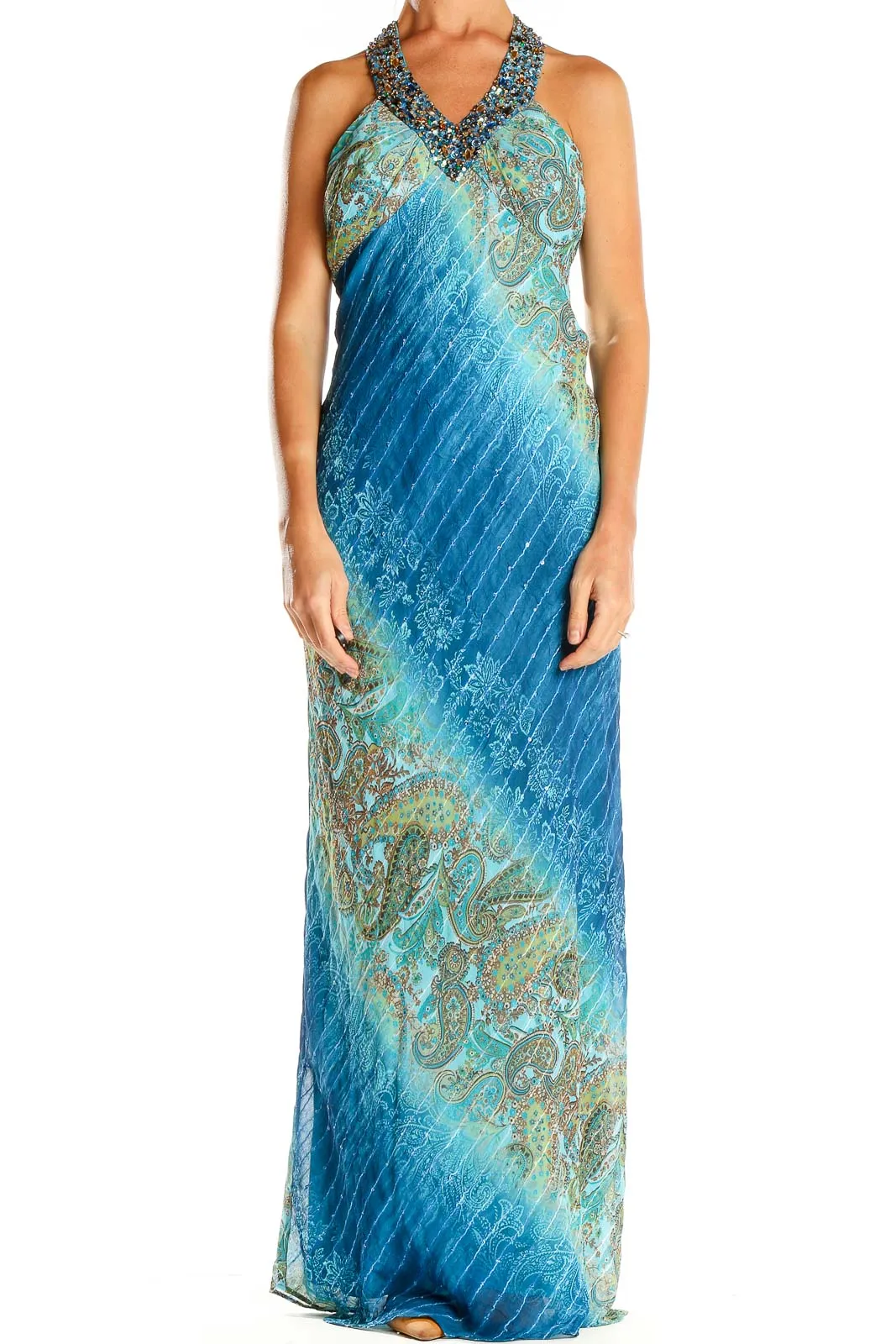 Blue Ombre Paisley Halter Maxi Dress